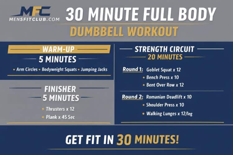 Infographic showing a 30-minute full body dumbbell strength training workout circuit routine.