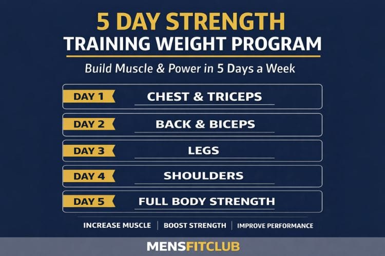 5-day strength training weight program split schedule chart showing chest day, back day, leg day, shoulders, and arms with rest days marked.