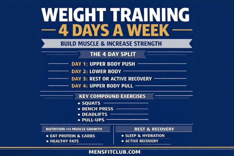 Infographic Example of a 4-day a week weight training routine split focusing on strength training and muscle recovery.