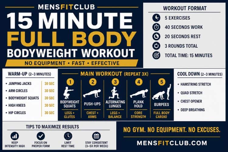 Infographic of 15 minute full body bodyweight workout routine.