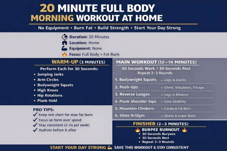 Infographic showing 8 exercises for 20 minute full body morning workout at home