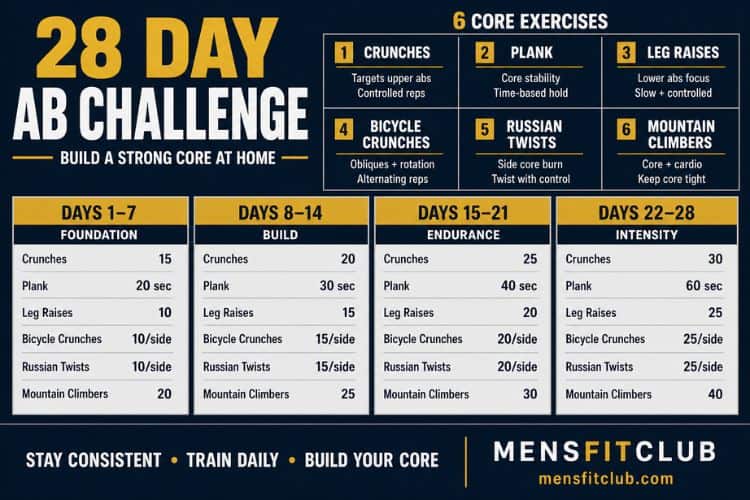 Infographic of 28 day ab challenge showing 6 core exercises.