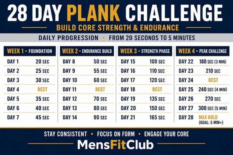 Infographic of 28 day plank challenge chart showing daily hold times from 20 seconds to 5 minutes.
