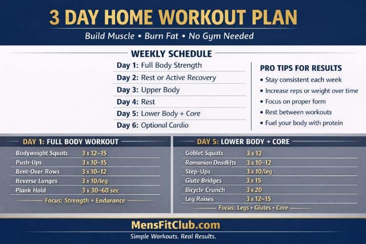 Infographic weekly calendar for 3 day split workout at home Monday Wednesday Friday during 3 day workout plan at home.