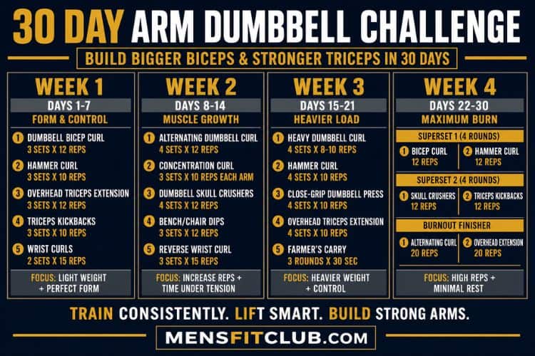 Infographic of 30 day arm dumbbell challenge sets and reps.