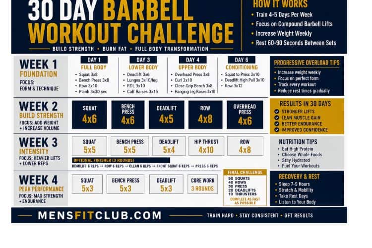 Infographic of 30 day barbell workout challenge plan.