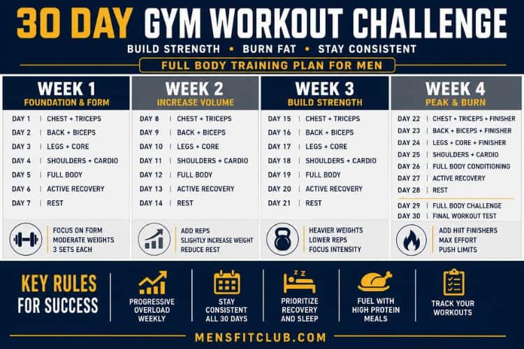 Infographic of 30 day gym workout challenge.