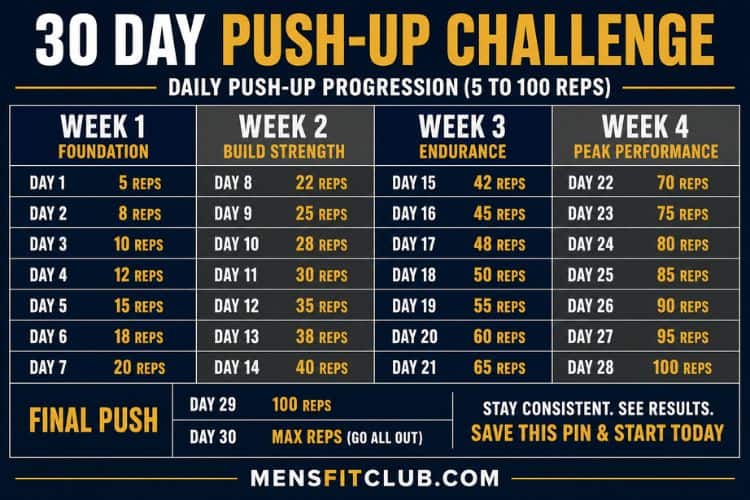 Infographic of 30 day push up challenge schedule daily reps from 5 to 100.