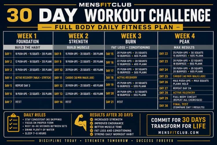 Infographic of 30 day workout challenge progress daily fitness plan.