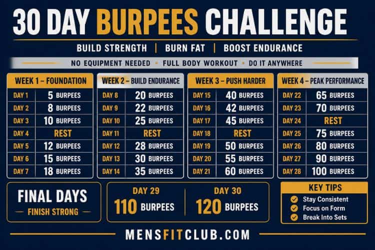 Infographic of 30 day burpees challenge.