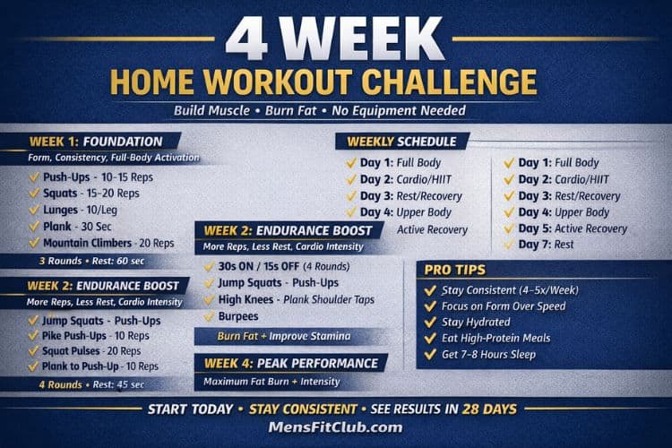 man doing push-ups at home for 4 week home workout challenge no equipment