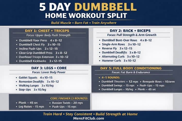 Infographic showing 5 day dumbbell only workout split push pull legs routine at home no gym