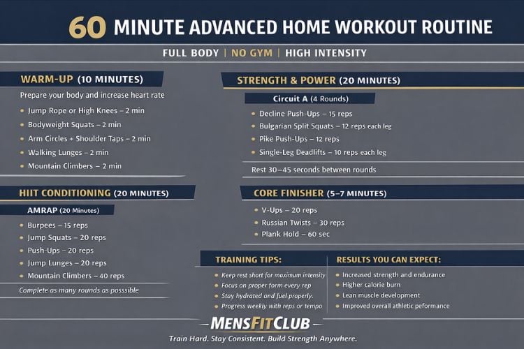Infographic showing 60 minutes advanced home workout routine completion challenge.
