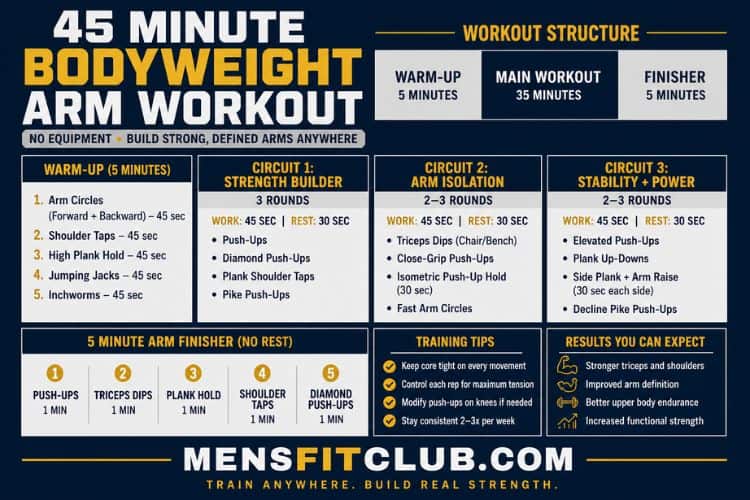Infographic of 45 minute bodyweight arm workout.