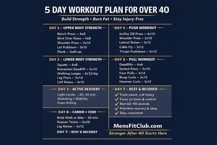 Man over 40 doing push-ups on knees – safe upper body exercise in 5 day workout plan for over 40