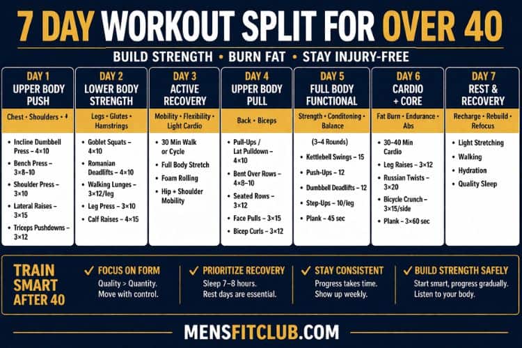 7 day workout split for over 40 weekly calendar