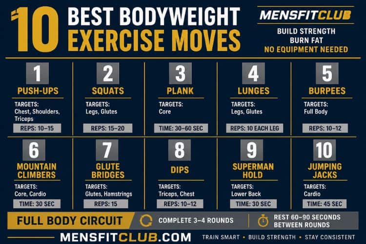 Infographic of 10 best bodyweight exercise moves.
