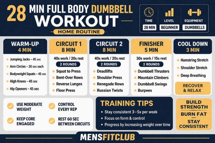 Infographic of woman man performing dumbbell goblet squat during 28 minute full body dumbbell home workout routine.