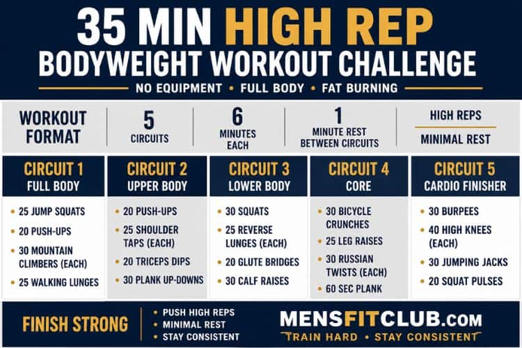 Infographic of 35 min high rep bodyweight challenge.