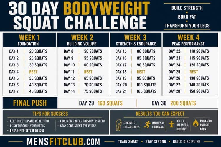 Infographic of 30 day bodyweight squat challenge.