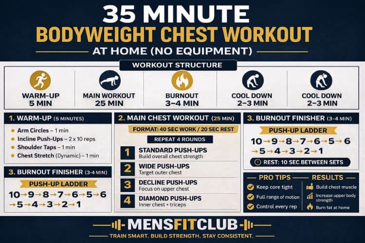 infographic 35 minute timer for bodyweight chest workout routine at home