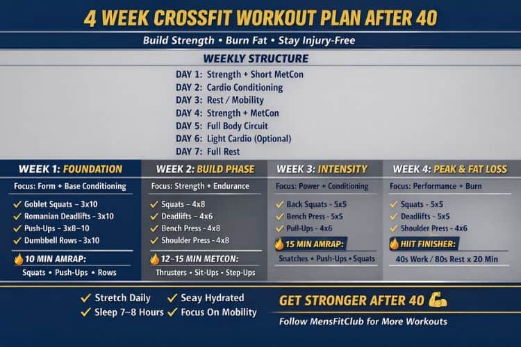 Infographic showing 3 days on, 1 day off training split for 4 week crossfit after 40 program