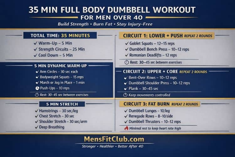 Weekly schedule showing 35 minute full body dumbbell workouts for people over 40, with rest days in between.