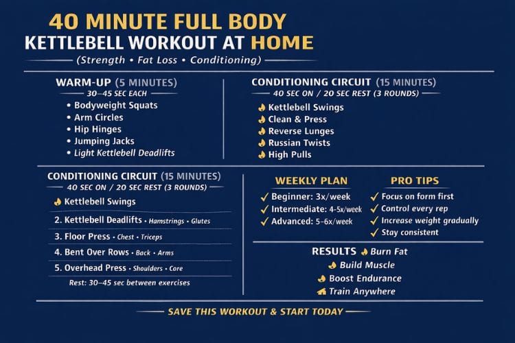 Person doing kettlebell swing during 40 minute full body kettlebell workout at home – living room setup