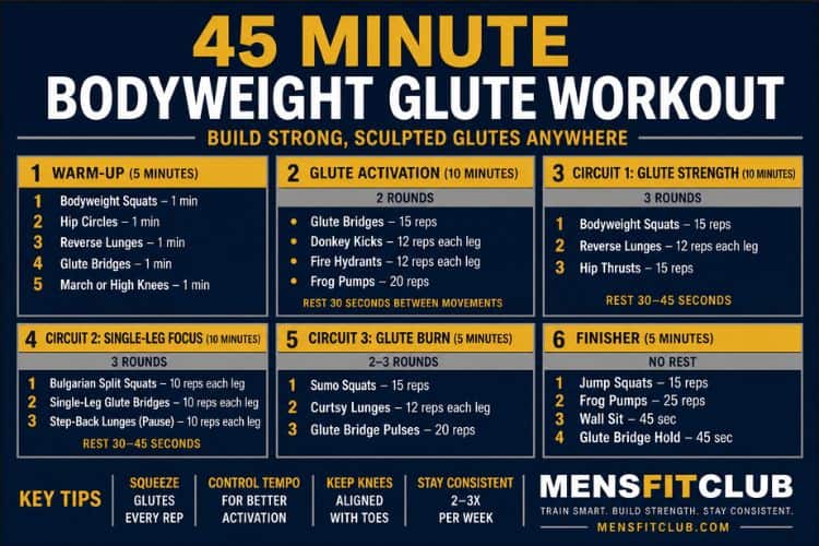 Infographic of 45 minute bodyweight glute workout.