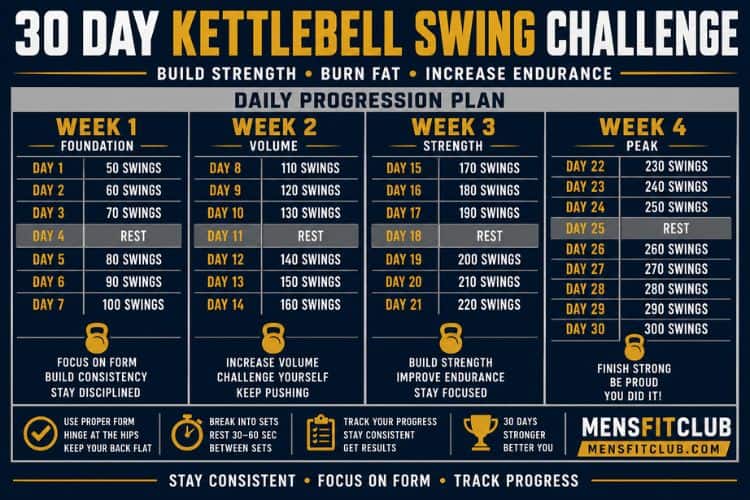 Infographic of 30 day kettlebell swing challenge showing daily progression.