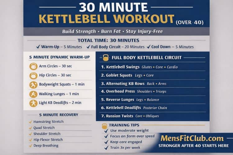 Infographic 30 minute full body kettlebell workout for over 40 — kneeling halos for shoulder mobility.