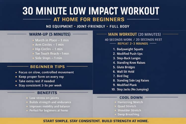 Infographic of man doing seated low impact exercise – thumbnail for 30 minute beginner home workout.