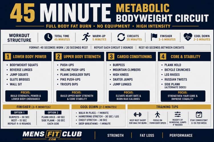 Infographic of 45 minute metabolic bodyweight circuit.