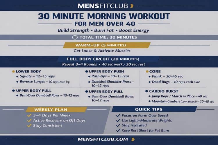 30 minute morning workout plan for over 40 infographic – exercises, sets, and rest times