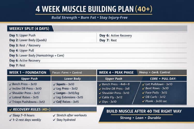 4 week muscle building workout routine after 40 – strength training calendar for men over 40