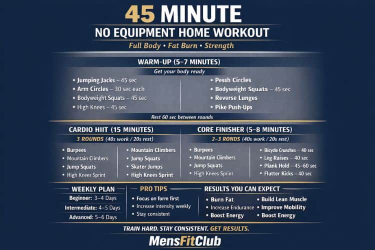 Infographic of Man performing push-ups for a full body 45-minute home workout plan without equipment