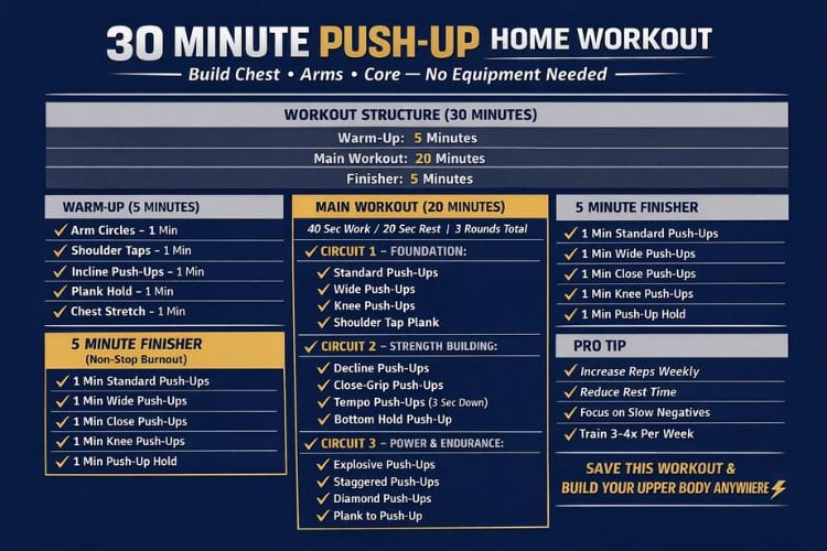 Printable pushup workout tracker for 30-minute home chest and triceps session