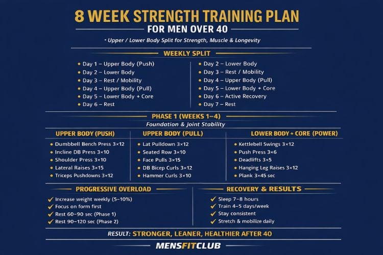 8 week strength training plan for men over 40 lifting dumbbells in home gym – progressive overload chart visible