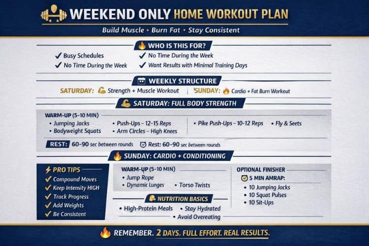 Printable weekend workout plan calendar – Saturday strength, Sunday cardio at home