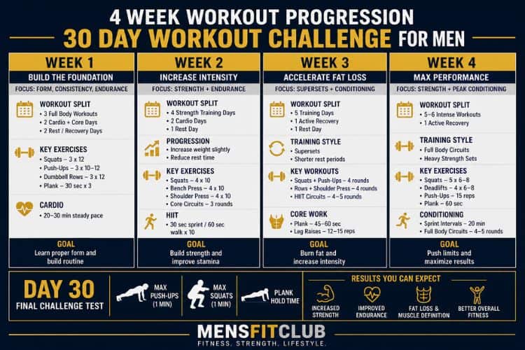 Infographic of 4 week workout progression 30 day workout challenge.