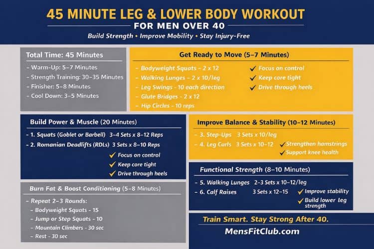 Printable 45 minute leg and body workout plan chart for men over 40 – sets reps and rest times.