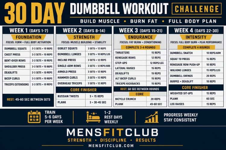 Infographic of 30 day dumbbell workout challenge sets and reps.