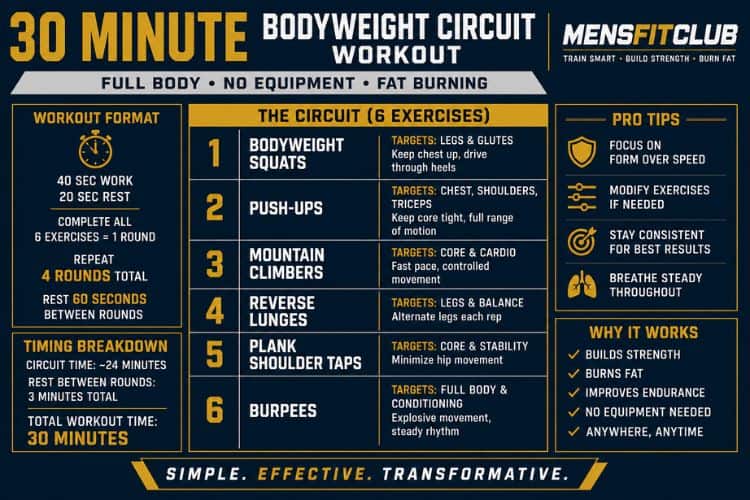 Infographic of 30 minute bodyweight circuit training with 6 exercises and rest intervals.
