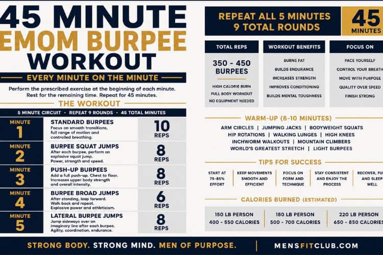 infographic of 45 minute EMOM burpee workout
