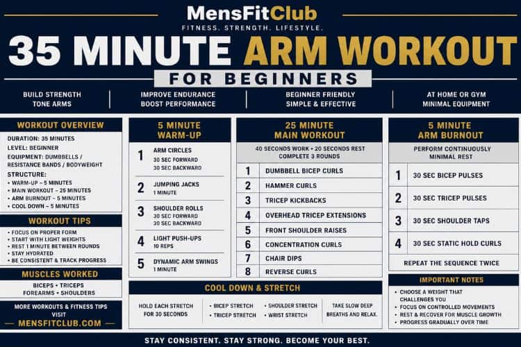 infographic of 35 minute arm workout for beginner