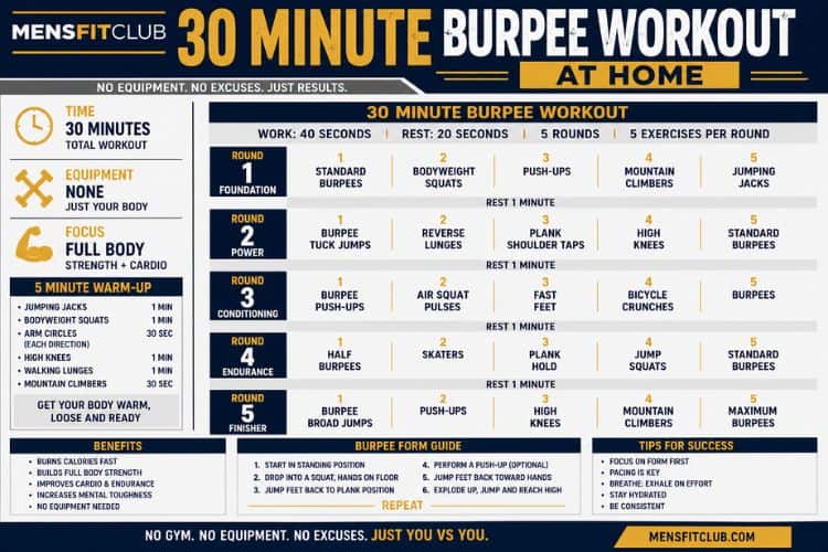 infographic of 30 minute burpee workout at home