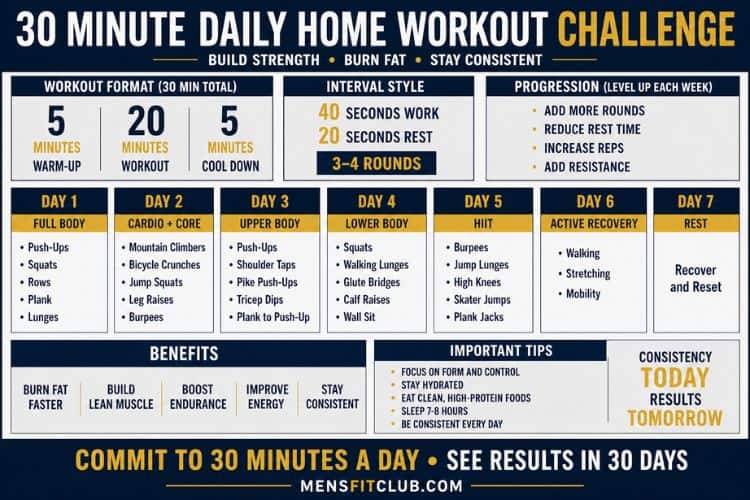 Infographic of 30 minute daily home workout challenge.