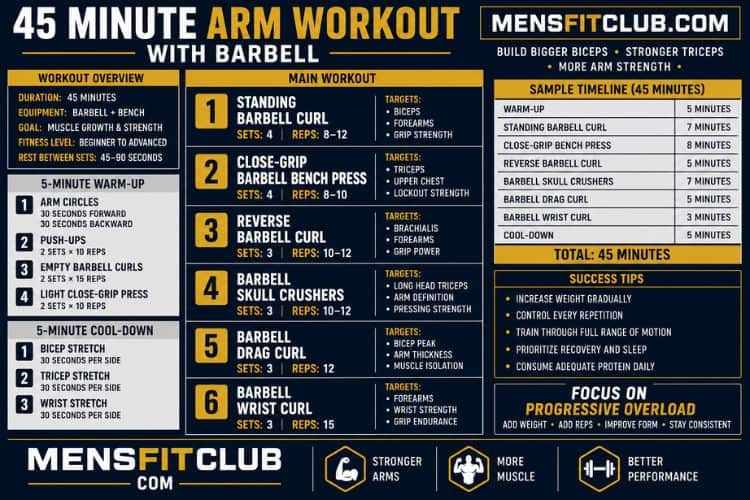 infographic of 45 minute arm workout with barbell