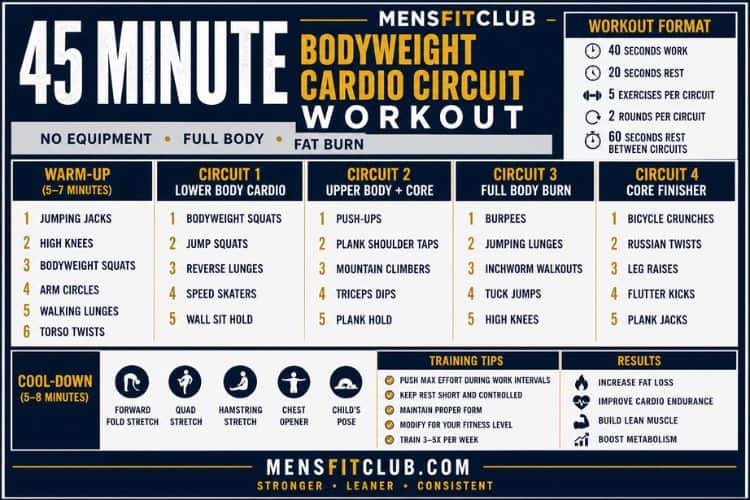 Infographic of 45 minute bodyweight cardio circuit workout.