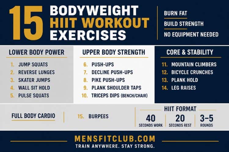 Infographic of 15 bodyweight HIIT workout exercises.
